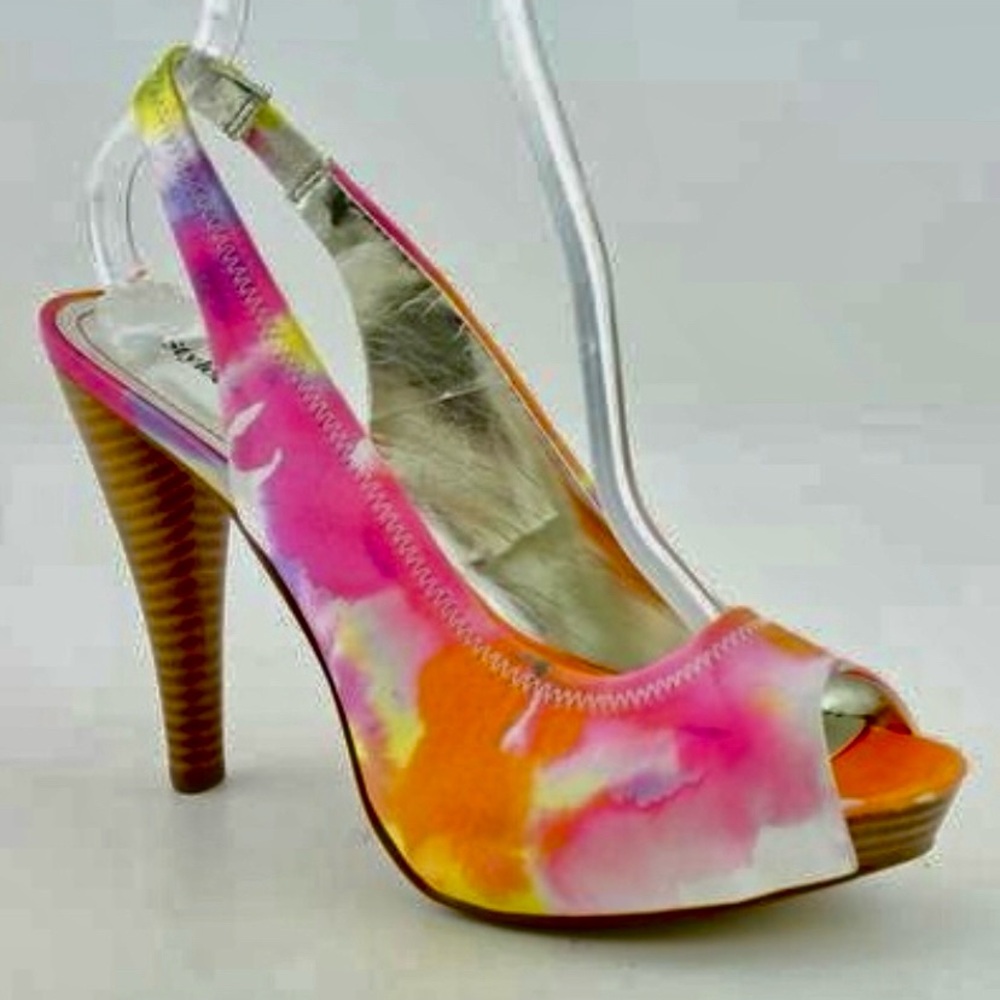 COLORFUL TIE DYE  SLINGBACK SANDALS  HEELS  — PINK  ORANGE YELLOW —  SIZE 7.5
